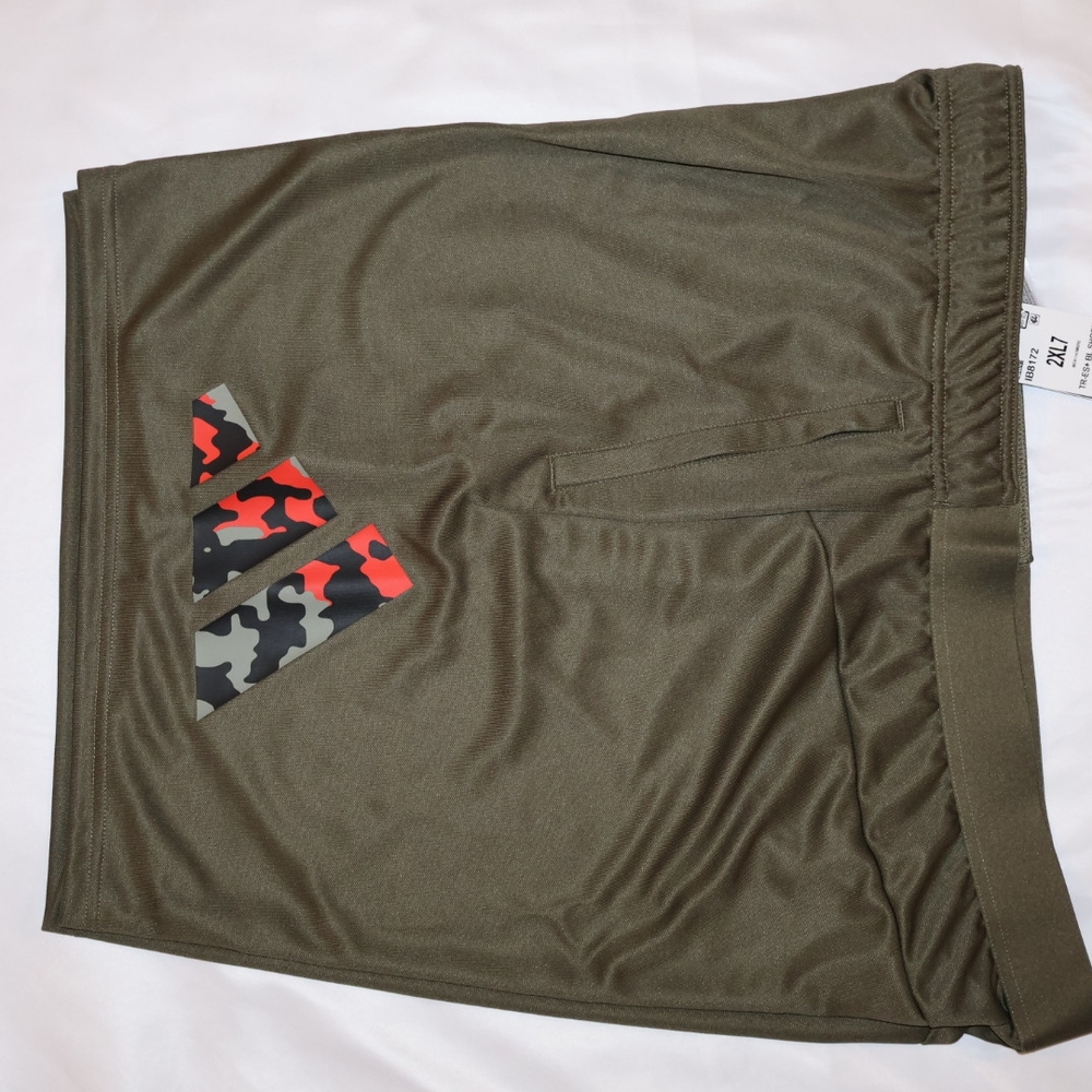 adidas Olive Green Athletic Shorts with Camouflage Logo